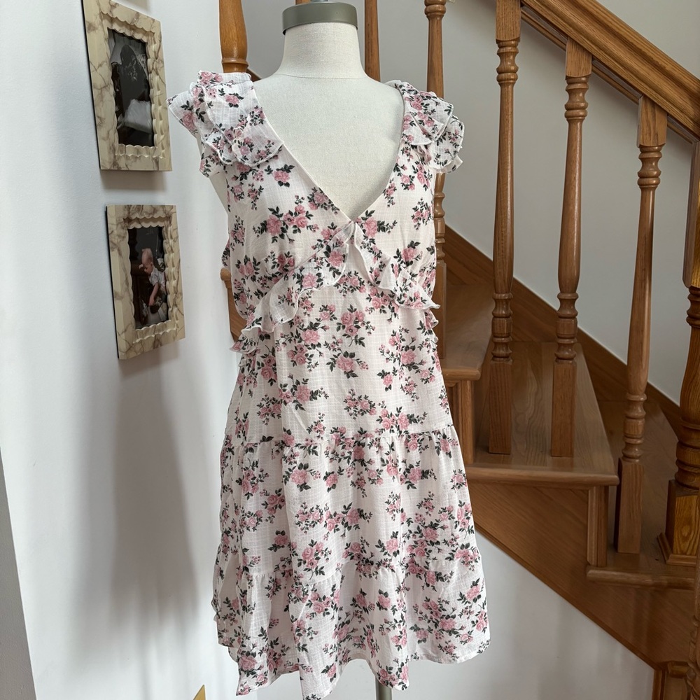 White Bow Back Ruffle Mini Dress with Wild Roses Pattern